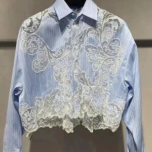 Button Front Blue and White Striped Detail Lace Inlay Top Blouse Shirt NWOT